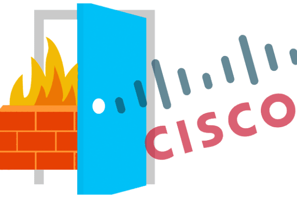 Cisco Firewall logo next to wall on fire