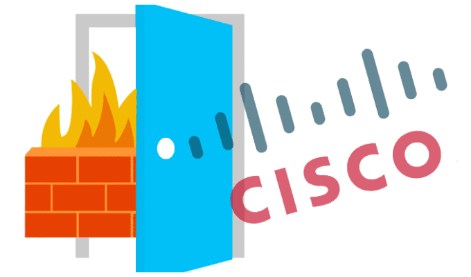 Cisco Firewall logo next to wall on fire