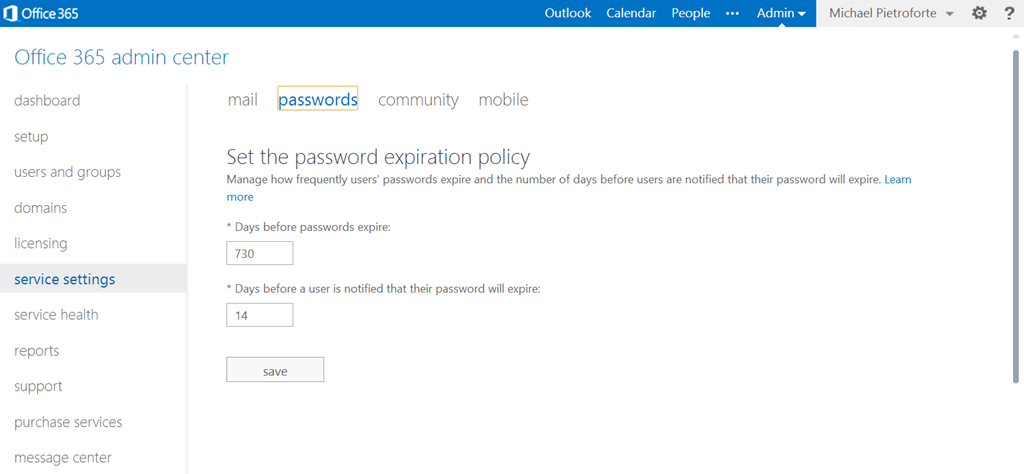 Office 365 Password Expiration Policy screenshot