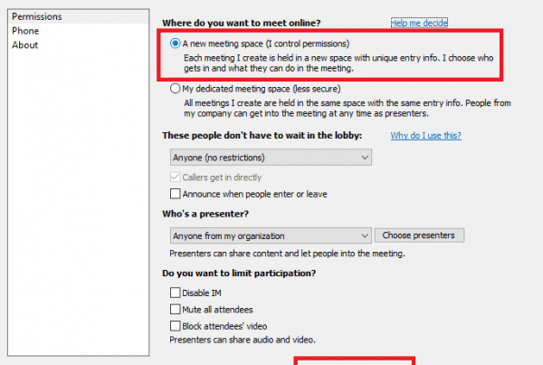 Skype for Business Meeting options screenshot