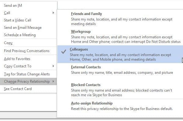Screenshot of Privacy Relationships in Skype for Business