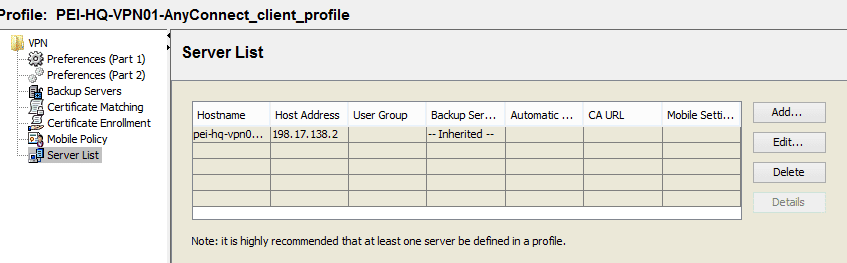 Cisco AnyConnect Profile Servers List Screenshot