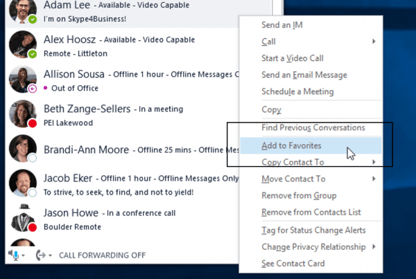 Skype for Business Favorites Group Screenshot