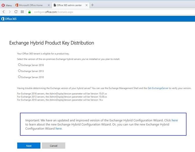 Hybrid Exchange server eligibility screenshot