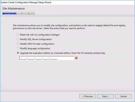 SCCM enter license key to upgrade trial screenshot