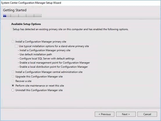 SCCM perform site maintenence or reset site setup option