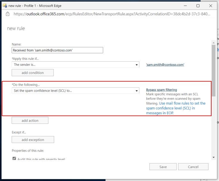 In the Do the following… field, make sure "Set the spam confidence level (SCL) to Bypass Spam Filtering" is selected. Click Save.
