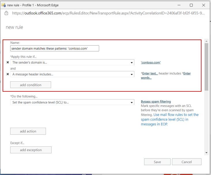 Click the Add Condition button under the Apply this rule if… header, then select A message header… > includes any of these words and enter the correct header name.