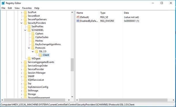standard SCHANNEL SCCM installation registry screenshot