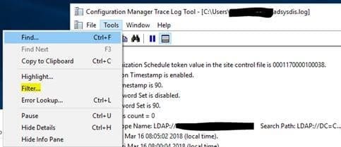 CMTrace filter feature for SCCM logs