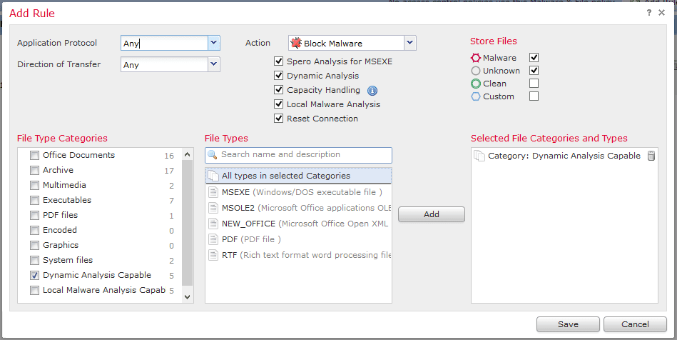 Dynamic Analysis AMP Policy settings