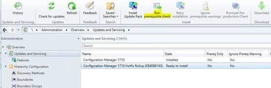 Running Prerequisite check for SCCM Update Pack