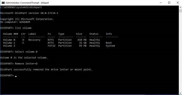 command prompt remove the drive letter, type “remove letter=D”