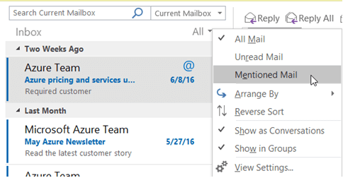 Search for mentioned mail Outlook 2016