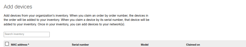 Meraki Dashboard Add device screenshot