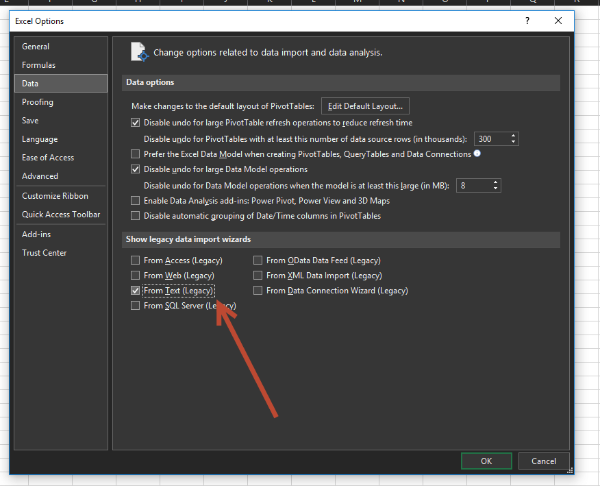 enable from text data import legacy wizard excel