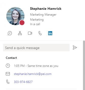 Send a chat through a contact card in Microsoft Teams.