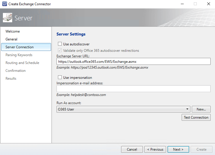 Exchange Connector Server Settings