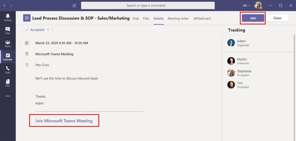 Join a Meeting from Microsoft Teams App