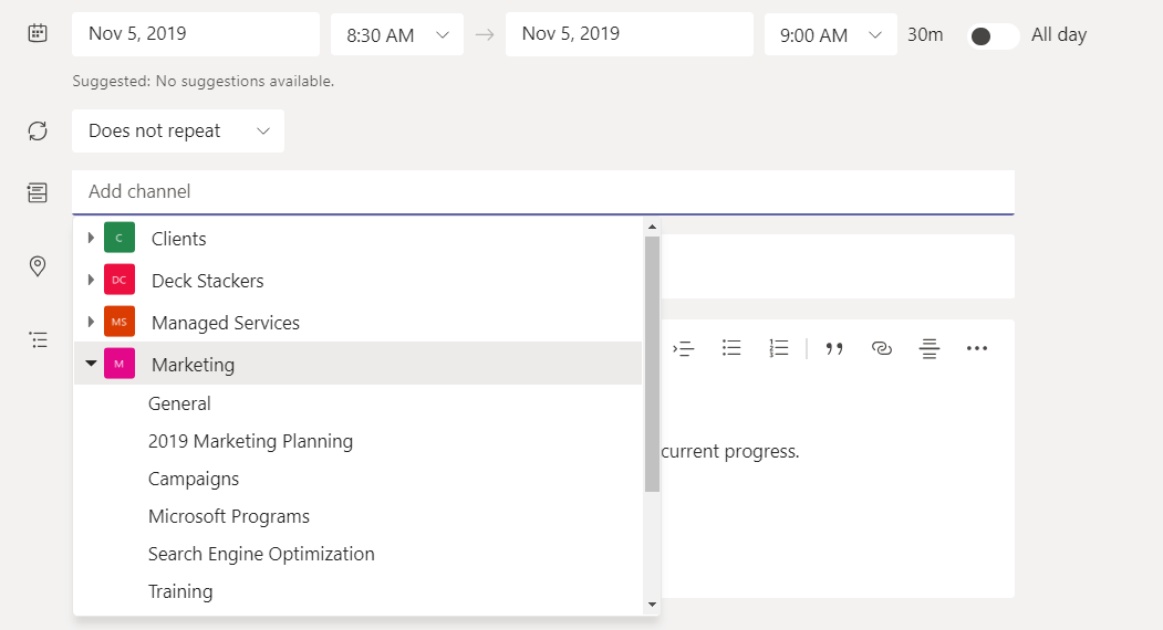 Select a Channel to Meet in Microsoft Teams