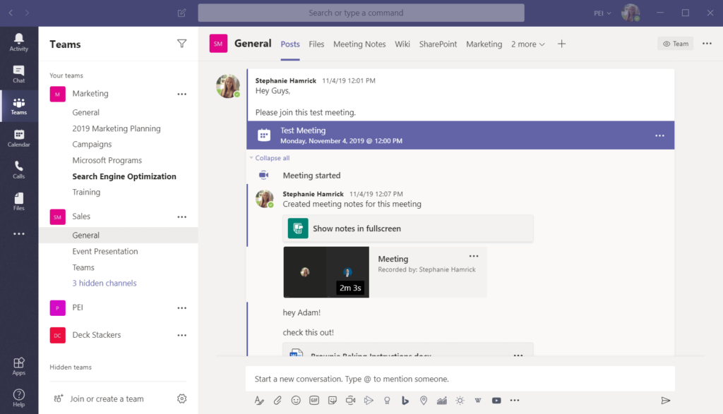 Meeting within a Team Channel in Microsoft Teams