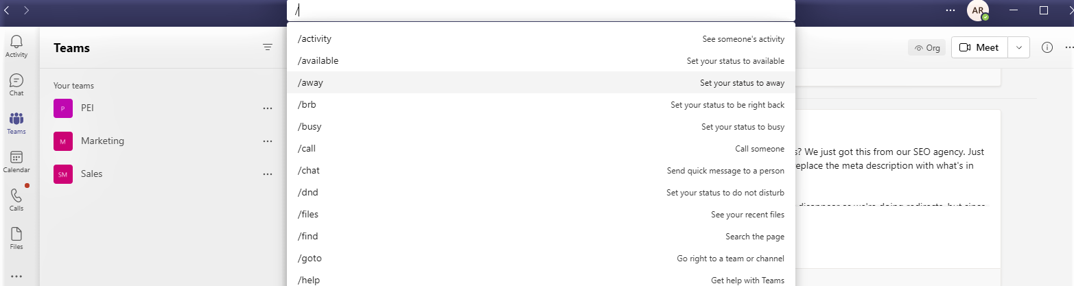 Press / in the Teams search bar for a list of commands