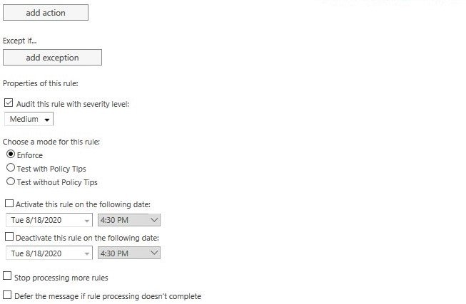 add action, add exceptions. edit severity level, mode for rule, and activating and deactivating the rule options