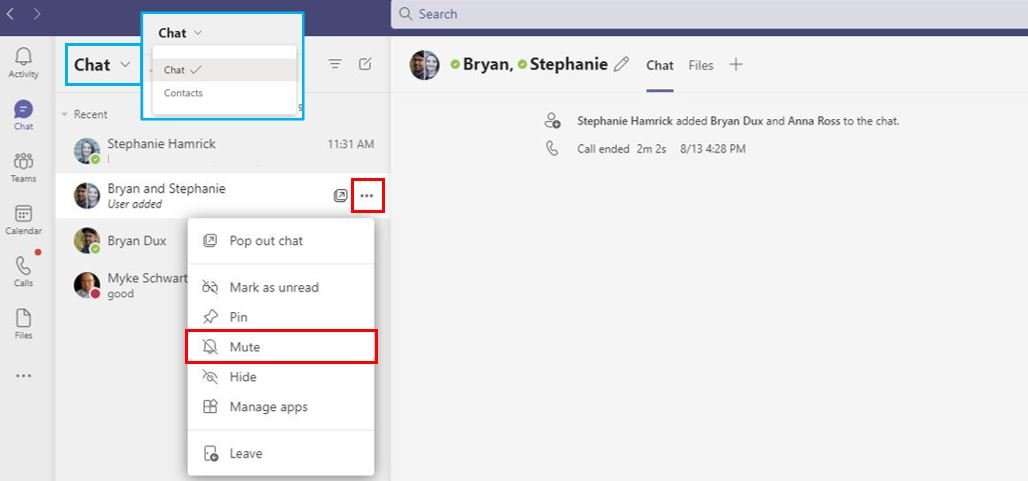 Learn how to switch between chats and contacts in teams, and how to mute chats and contacts.