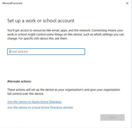 Select "Join this device to Azure Active Directory" from the Alternative Actions.
