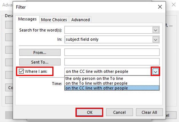 Conditions for Rules in Outlook