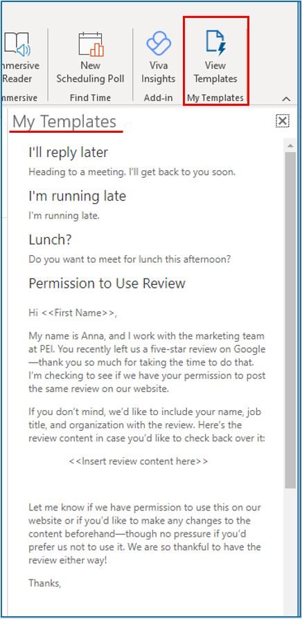 View and Use Templates in Outlook in the My Templates column